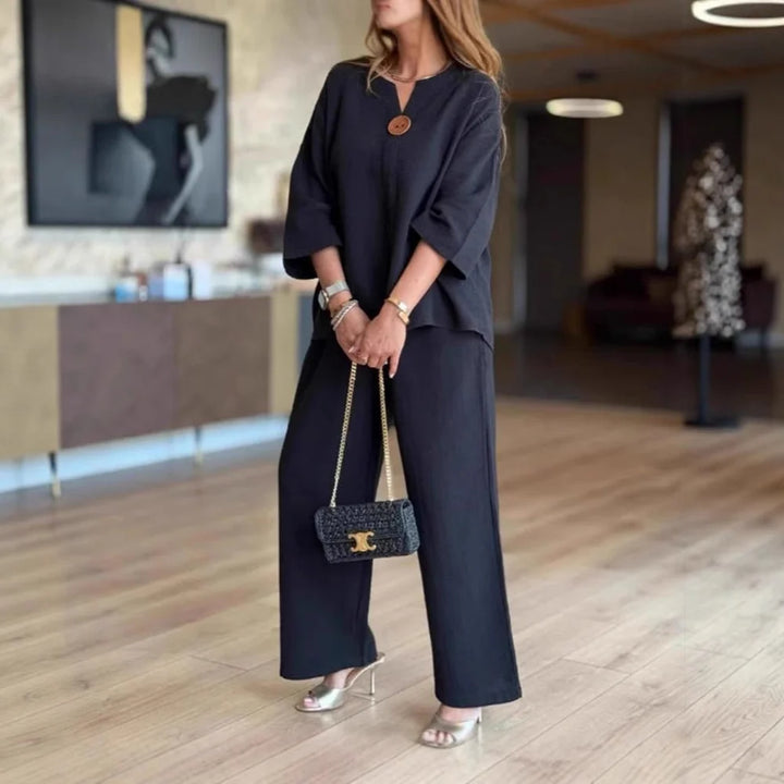 CONJUNTO TUNICA EFECTO LINO MUJER - TOP TRANSPIRABLE MANGA TRES CUARTOS Y PANTALON DE PIERNA ANCHA PARA VIAJE