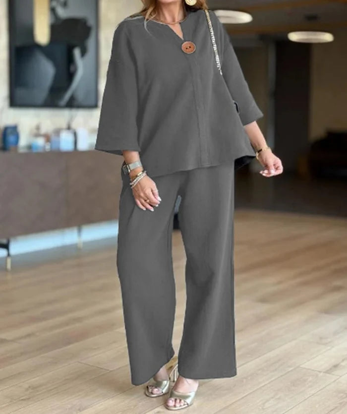 CONJUNTO TUNICA EFECTO LINO MUJER - TOP TRANSPIRABLE MANGA TRES CUARTOS Y PANTALON DE PIERNA ANCHA PARA VIAJE