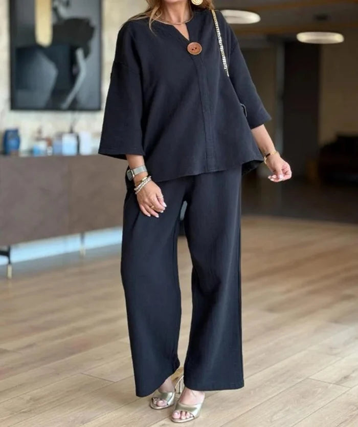 CONJUNTO TUNICA EFECTO LINO MUJER - TOP TRANSPIRABLE MANGA TRES CUARTOS Y PANTALON DE PIERNA ANCHA PARA VIAJE