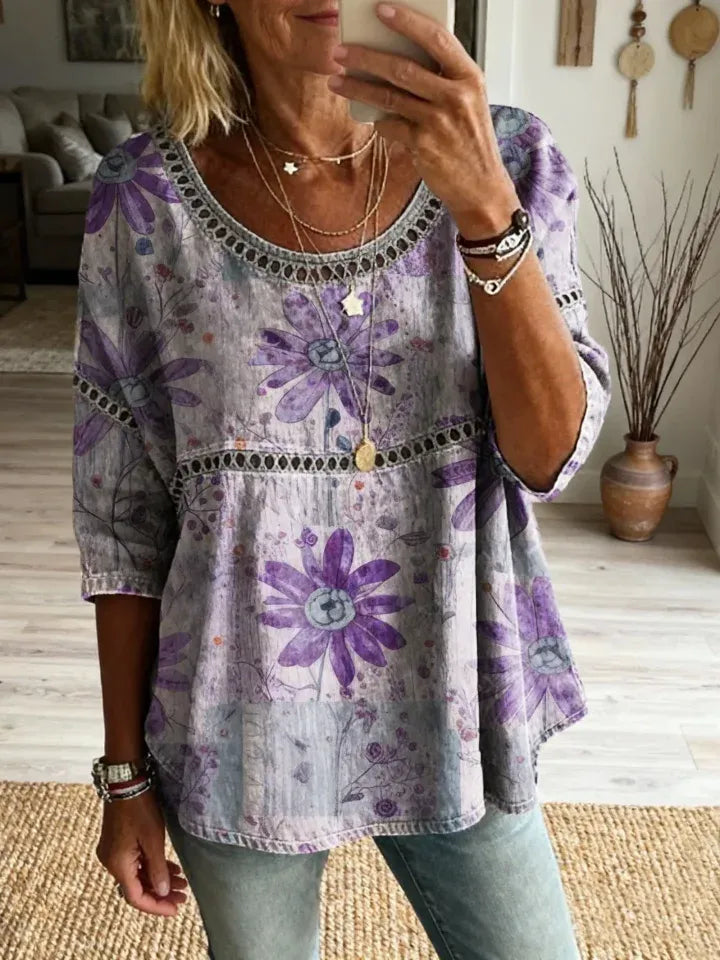 Top Boho Floral Vintage Lino
