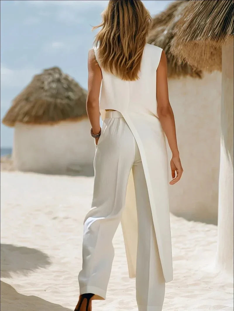 Conjunto De Lino Con Pantalones De Pierna Ancha Y Top Sin Mangas Con Cruce