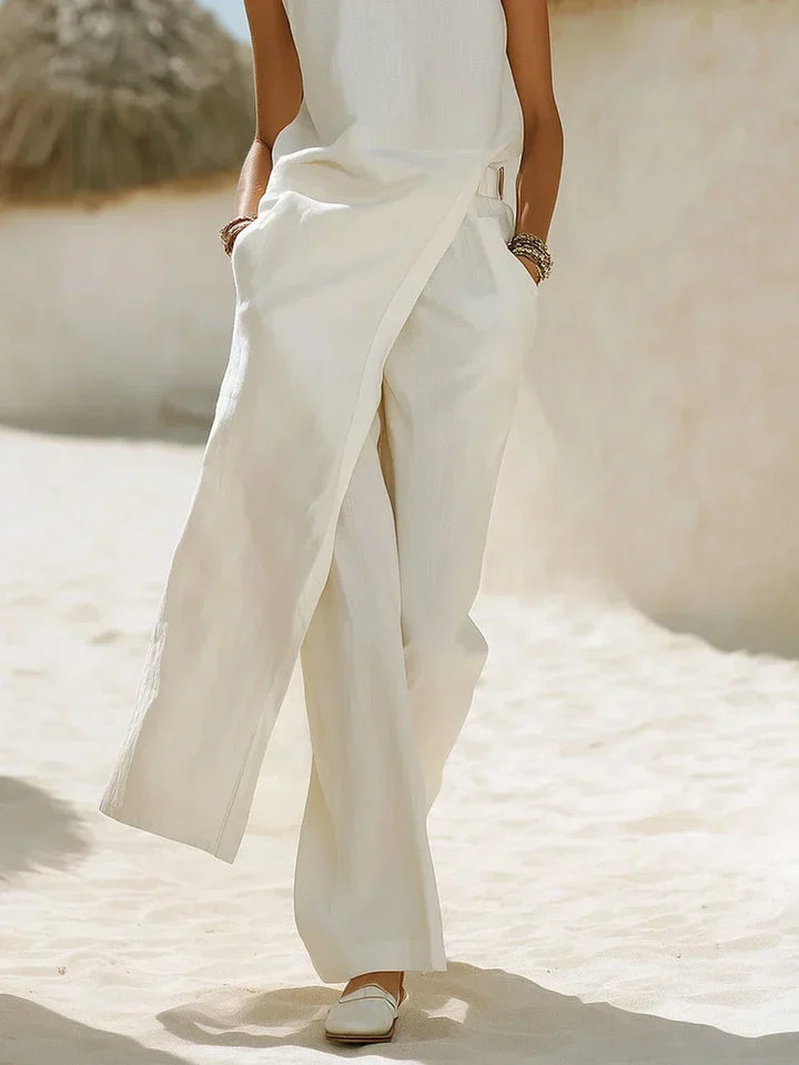 Conjunto De Lino Con Pantalones De Pierna Ancha Y Top Sin Mangas Con Cruce
