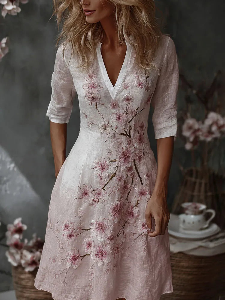 Vestido de lino de manga media con bordado exquisito casual para mujer