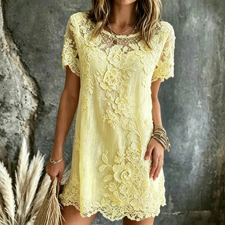 Vestido Mini De Lino Con Bordado De Rosas Artísticas Y Cuello Redondo