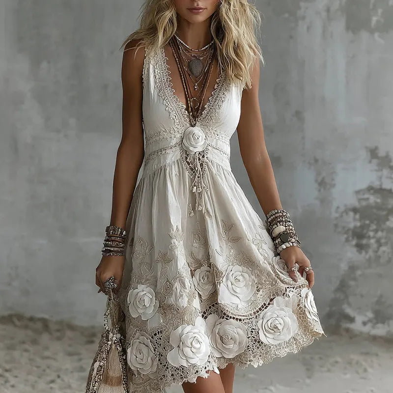 VESTIDO MIDI TIRANTES CUELLO V BORDADO ROSA BLANCA VINTAGE