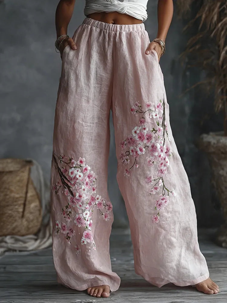 PANTALONES CASUALES DE LINO CON ESTAMPADO FLORAL JAPONÉS PARA MUJER
