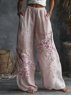 PANTALONES CASUALES DE LINO CON ESTAMPADO FLORAL JAPONÉS PARA MUJER
