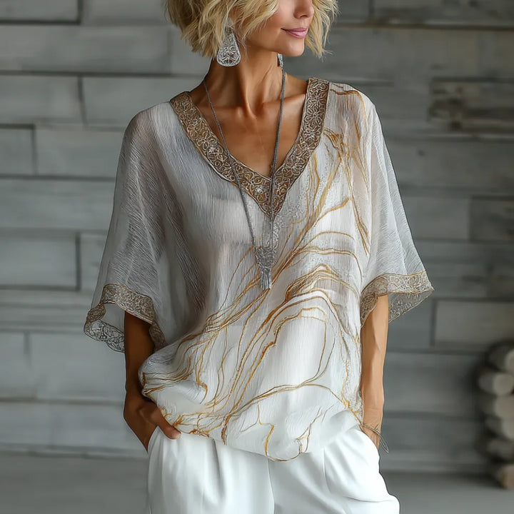 T-Shirt De Linho Com Estampado Mármore Vintage Estilo Boémio Degradê Dourado Para Mulher