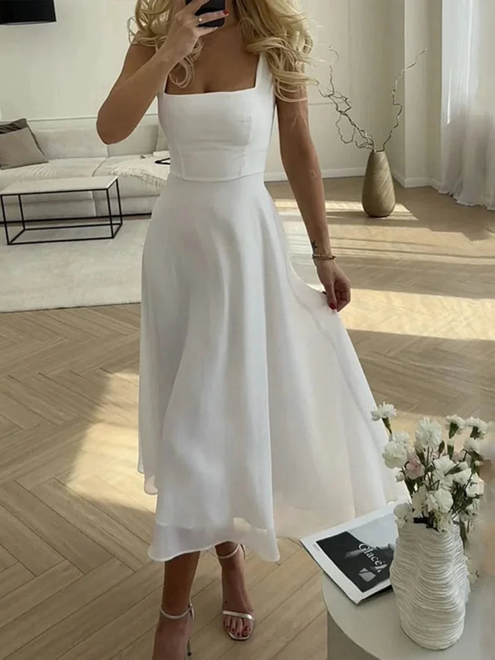 Vestido Midi De Tirantes Para Mujer Con Falda Evasé Fluida