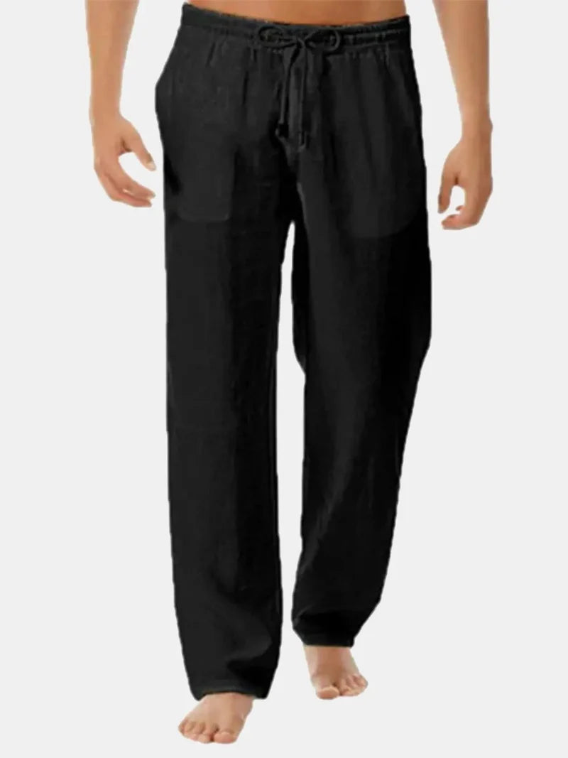 Pantalones De Lino Para Hombre Con Cintura De Cordón Ajustable - Corte Relajado