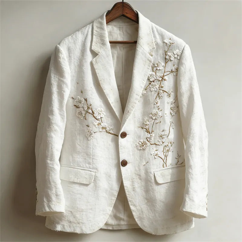 Blazer De Linho Vintage Masculino Com Arte Japonesa De Flor De Amendoeira