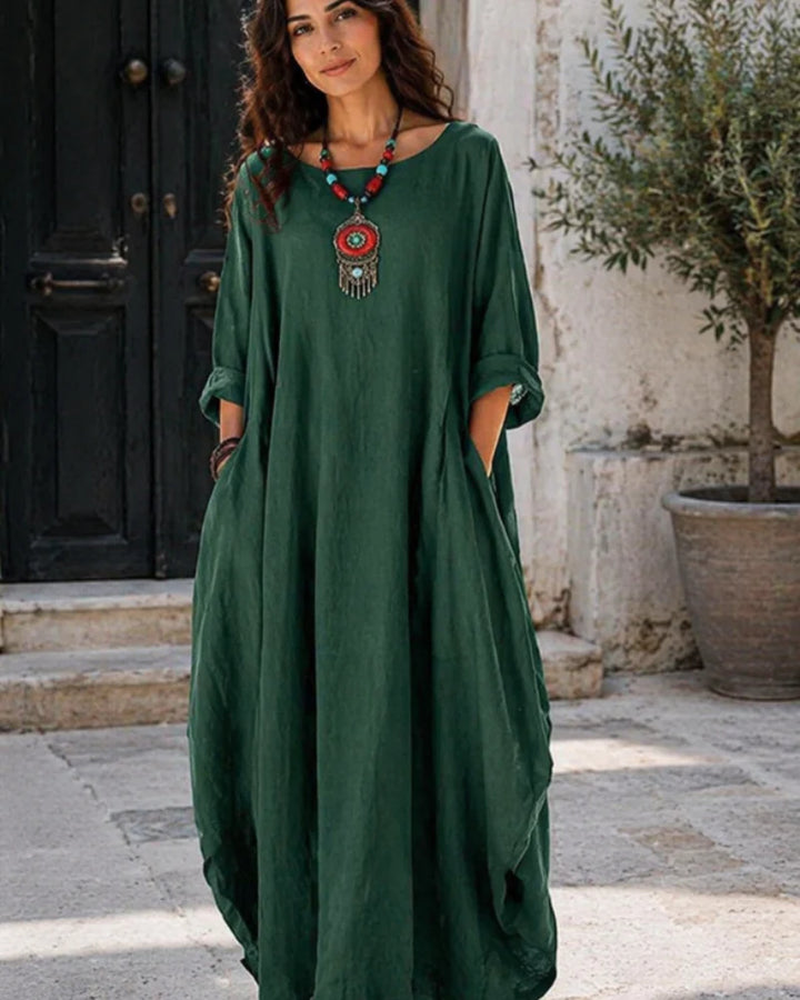 Vestido Maxi Oversized De Lino Para Mujer Con Mangas Murciélago