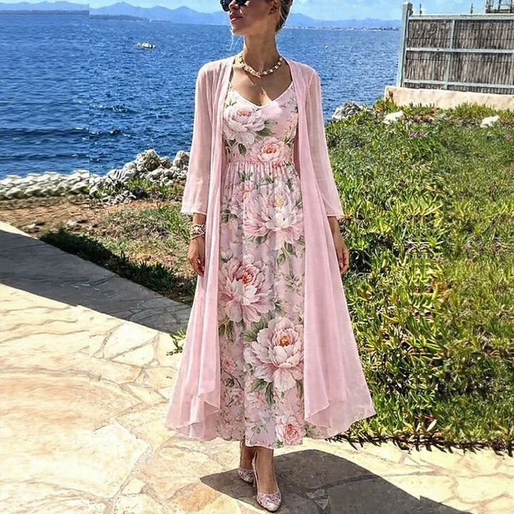 Conjunto Vestido Midi Floral Y Cardién Largo | Vestidos De Verano Elegantes