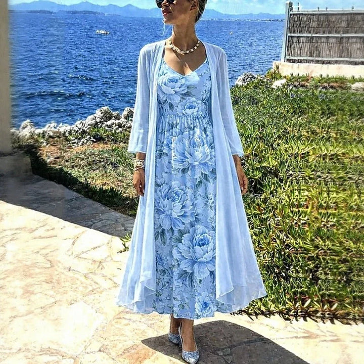Conjunto Vestido Midi Floral Y Cardién Largo | Vestidos De Verano Elegantes