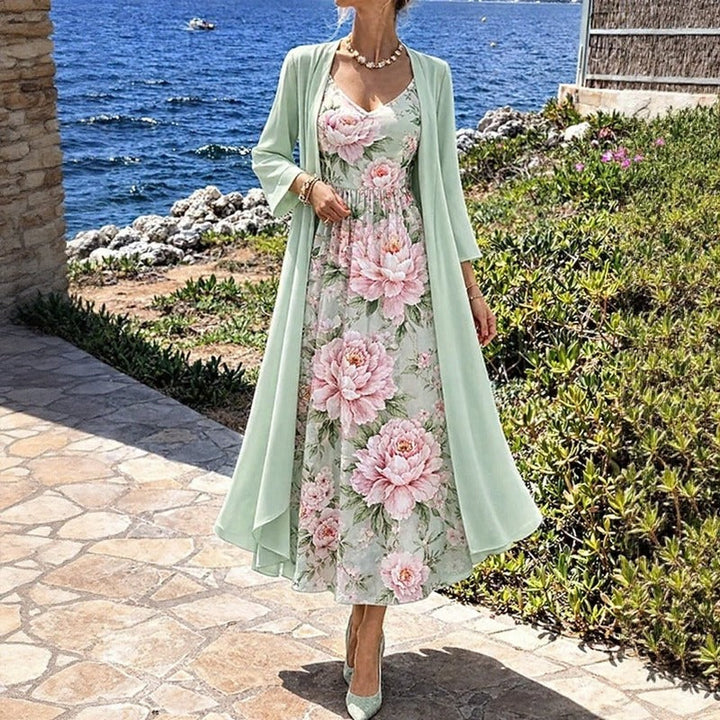 Conjunto Vestido Midi Floral Y Cardién Largo | Vestidos De Verano Elegantes