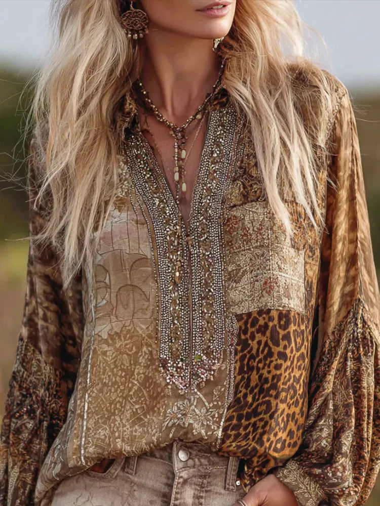 Top De Manga Larga Con Estampado De Leopardo Vintage - Algodón Y Lino