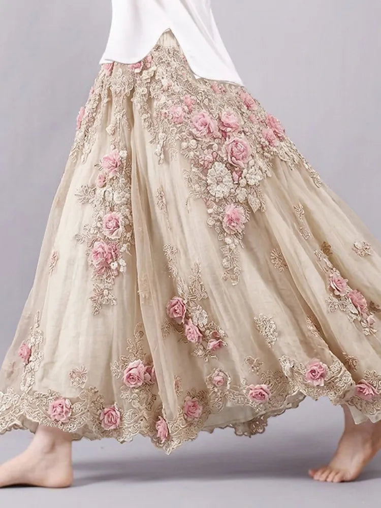 FALDA LARGA BOHO CON ESTAMPADO FLORAL ARTÍSTICO PARA MUJER