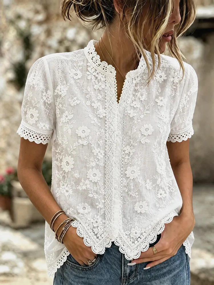 CAMISA DE ALGODÓN y LINO DE MANGA CORTA CON BORDADO FLORAL RETRO