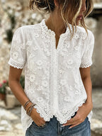 CAMISA DE ALGODÓN y LINO DE MANGA CORTA CON BORDADO FLORAL RETRO