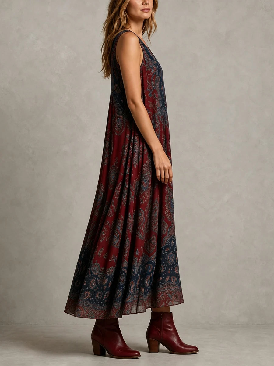 VESTIDO MAXI SOLTO SEM MANGAS COM CONTRASTE DE CORES, PREGUEADO E ESTAMPADO - DECOTE EM V