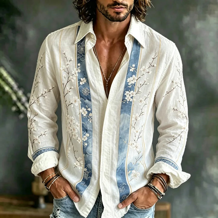 Men's Retro Boho Striped Color Block Shirt - Japanese Cherry Blossom Print Long Sleeve