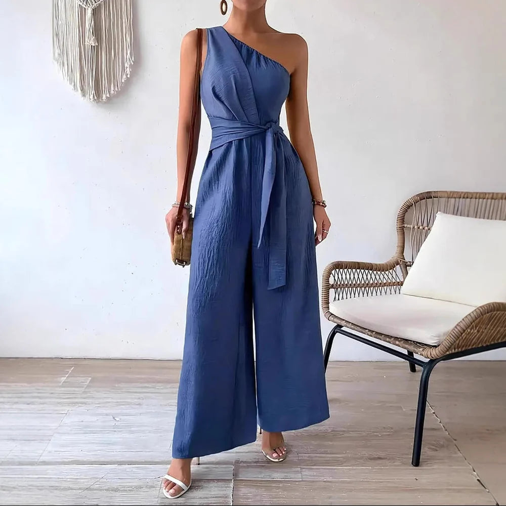 Clara - Women's One-Shoulder Belted Wide Leg Jumpsuit