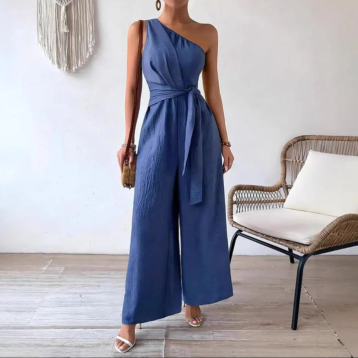 Clara - Women's One-Shoulder Belted Wide Leg Jumpsuit