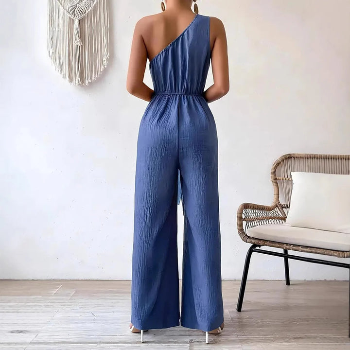 Clara - Women's One-Shoulder Belted Wide Leg Jumpsuit