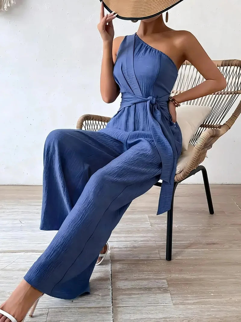 Clara - Women's One-Shoulder Belted Wide Leg Jumpsuit