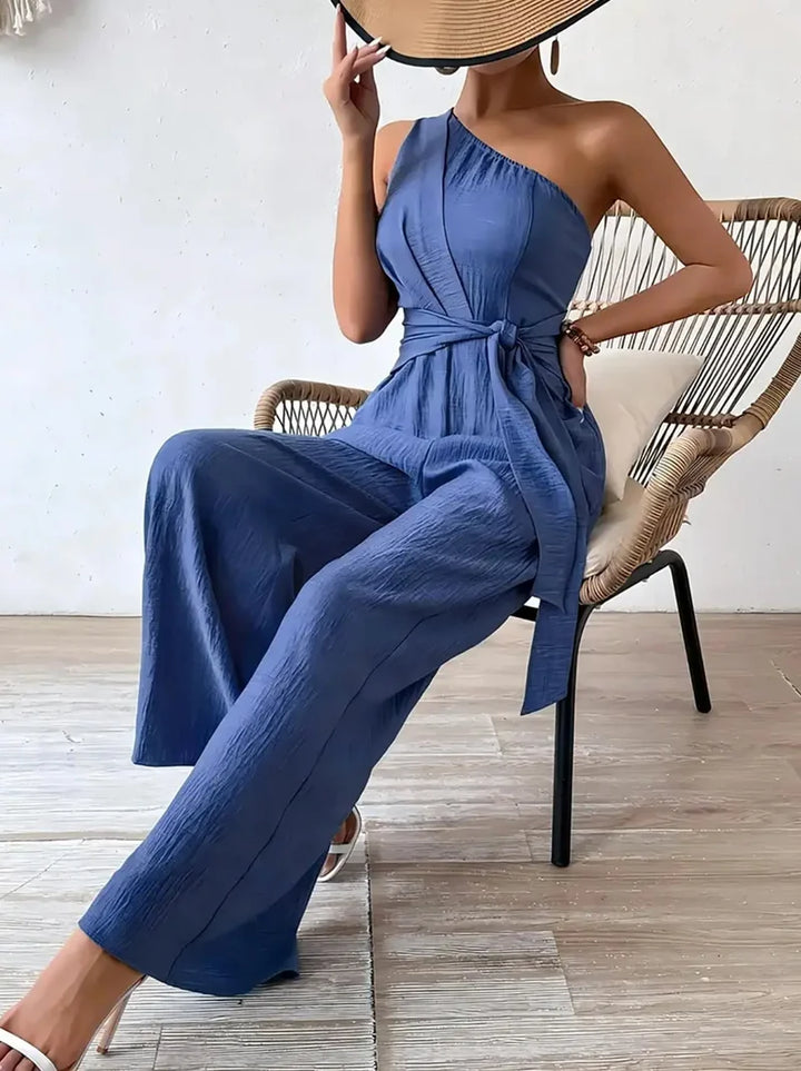 Clara - Women's One-Shoulder Belted Wide Leg Jumpsuit