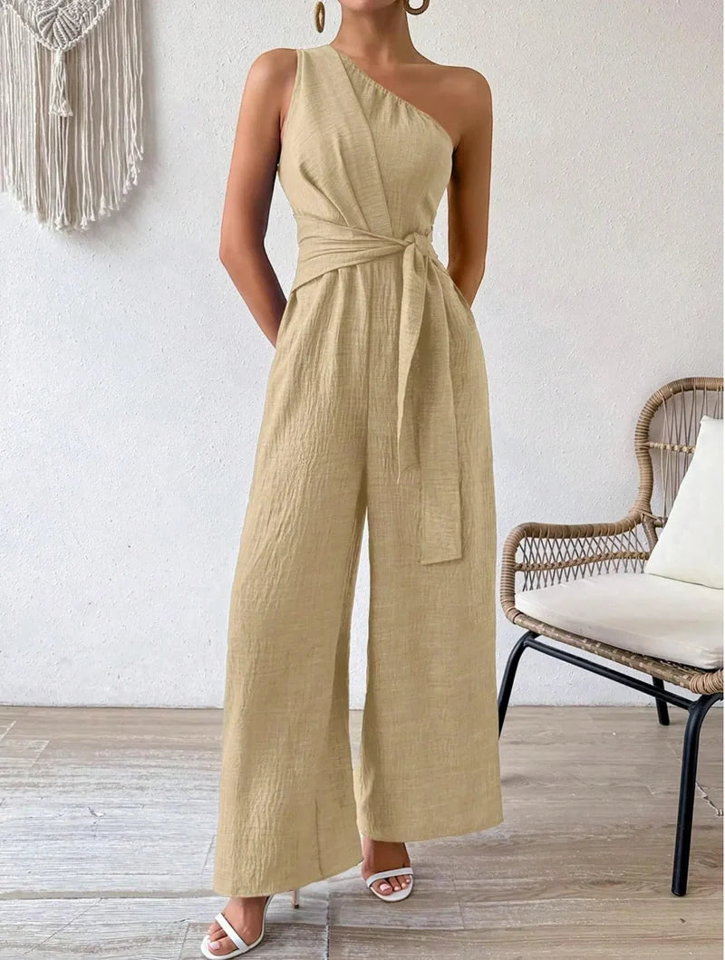 Clara - Women's One-Shoulder Belted Wide Leg Jumpsuit