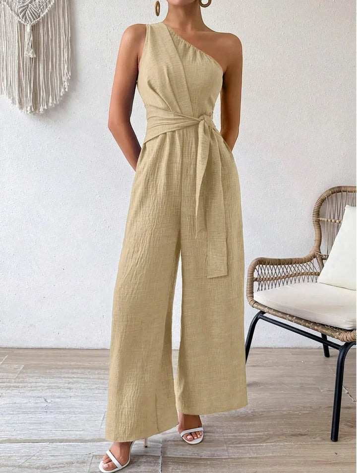 Clara - Women's One-Shoulder Belted Wide Leg Jumpsuit
