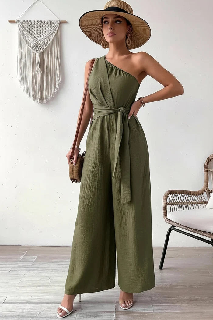Clara - Women's One-Shoulder Belted Wide Leg Jumpsuit