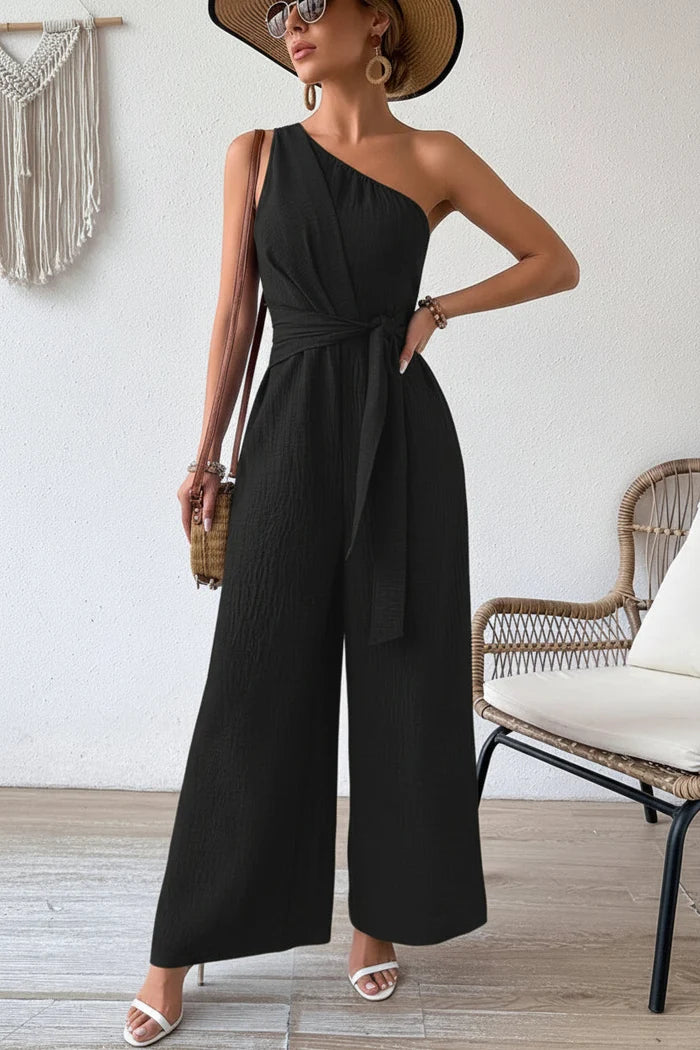Clara - Women's One-Shoulder Belted Wide Leg Jumpsuit
