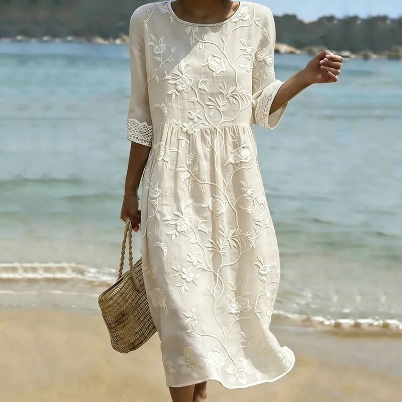 Vestido Floral Boémio Vintage de Manga 3/4