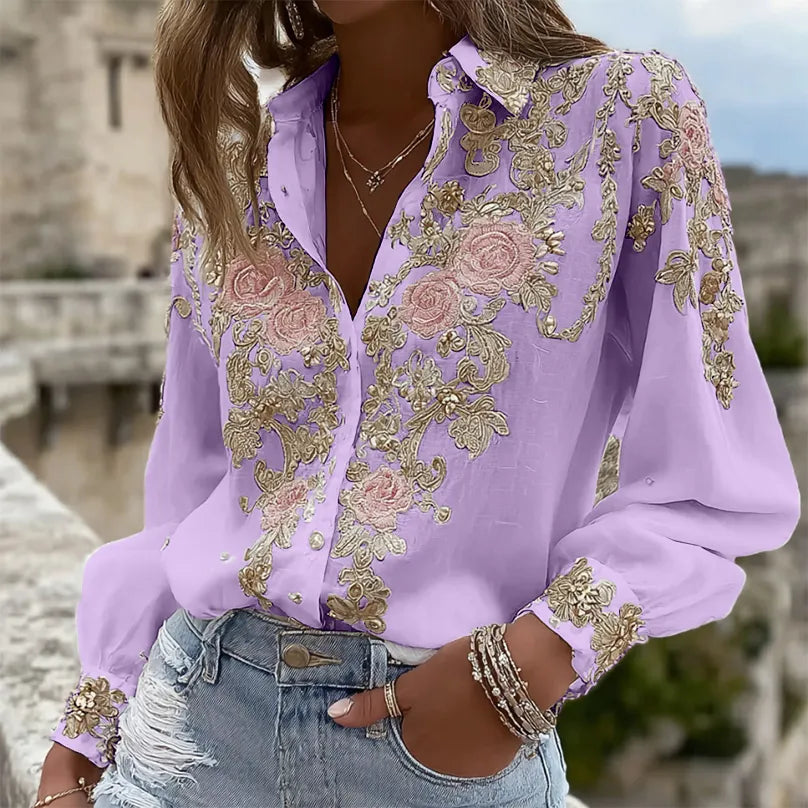 Camisa de lino de manga larga con bordado artístico de rosa para mujer