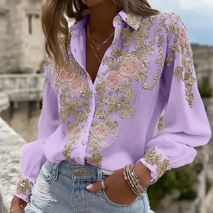 Camisa de Linho de Manga Comprida com Bordado Artístico de Rosa para Mulher