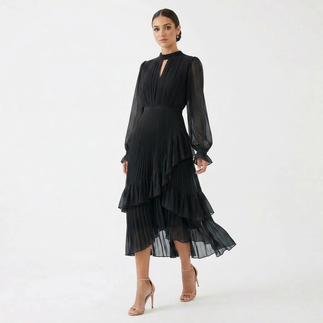 Mariana - Vestido Plissado Com Mangas Fluidas E Folhos Assimétricos