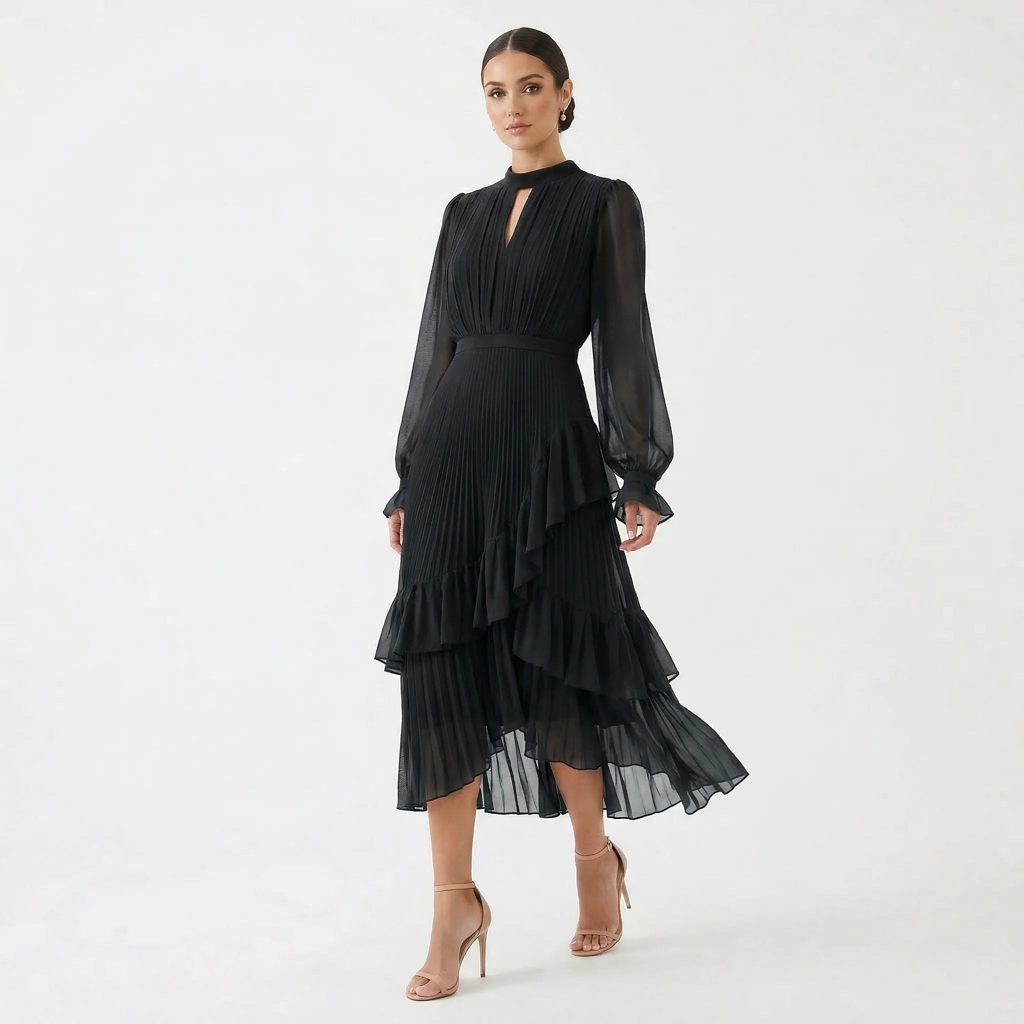 MARIANA - VESTIDO PLISADO CON MANGAS FLUIDAS y VOLANTES ASIMÉTRICOS