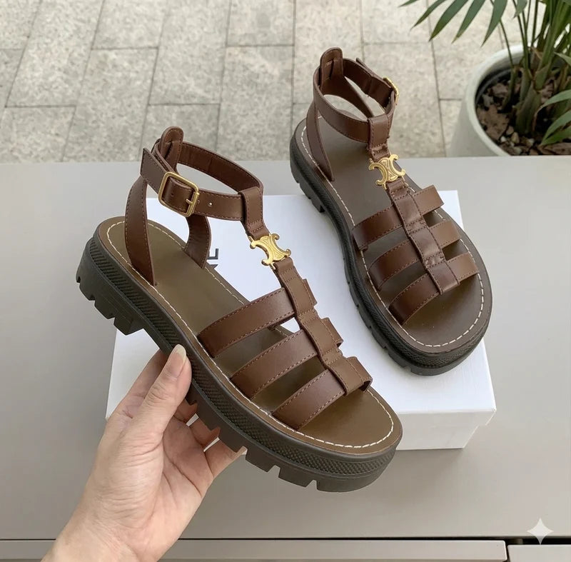 SANDÁLIAS DE MULHER TIPO GLADIADOR COM SOLA GROSSA, SAPATOS RASOS DE VERÃO
