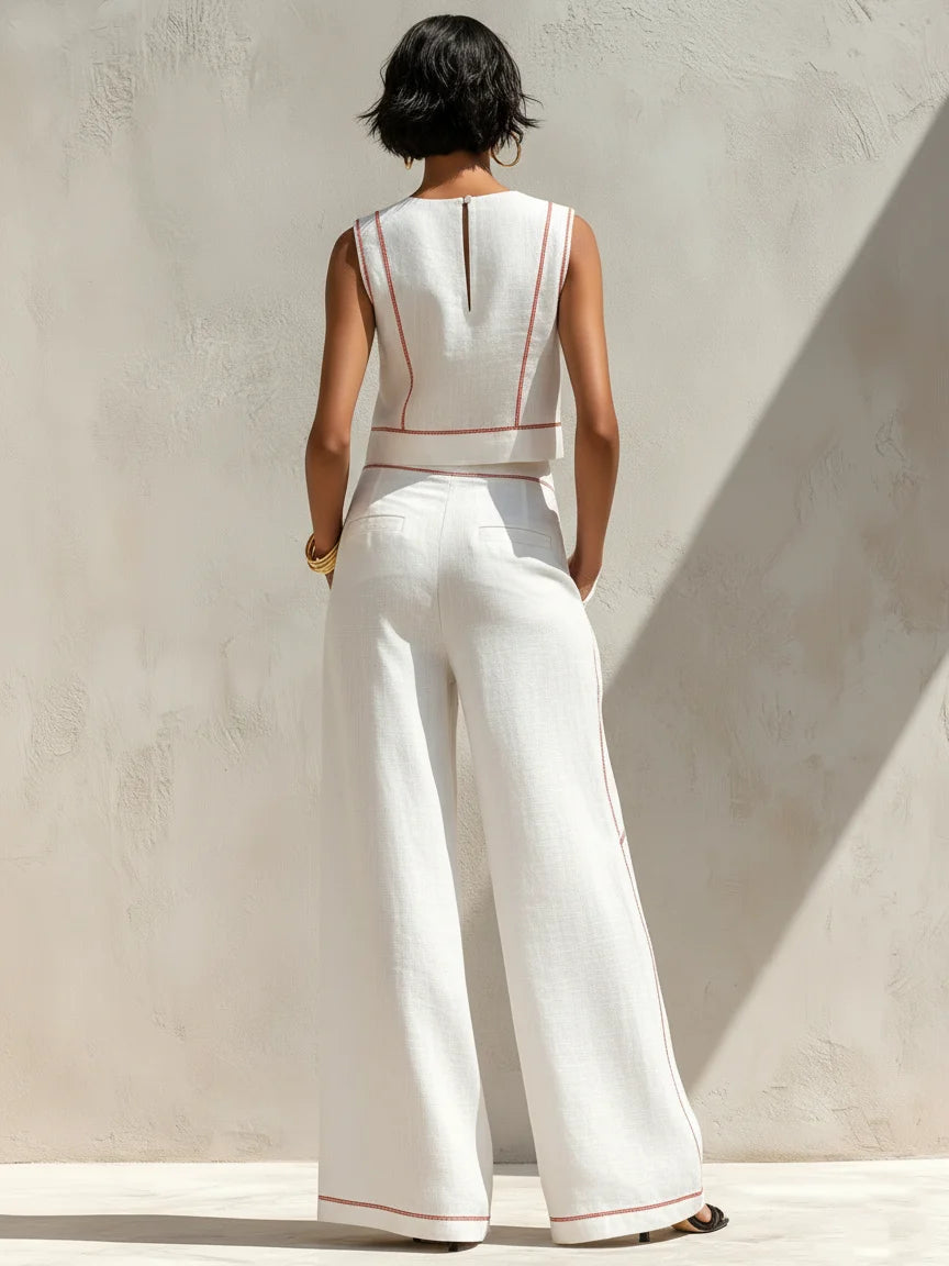 Linen Set With Contrast Stitching