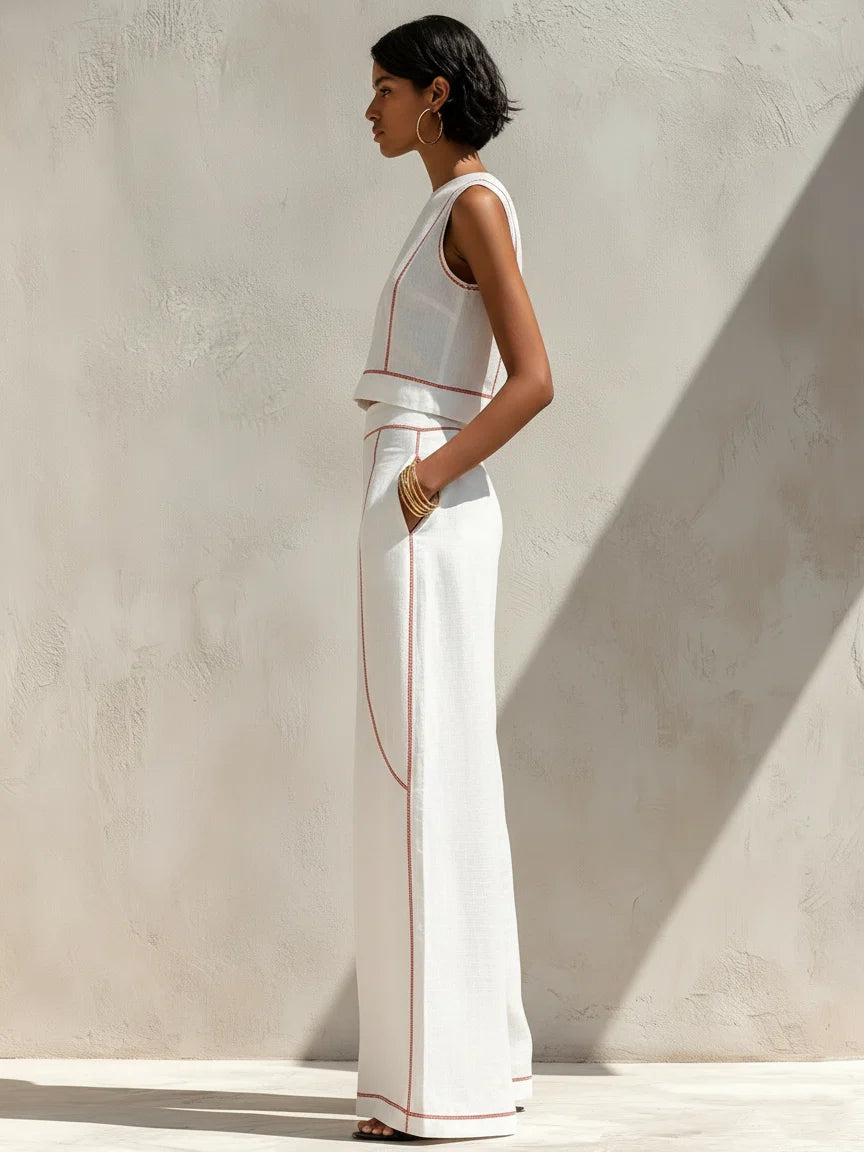Linen Set With Contrast Stitching