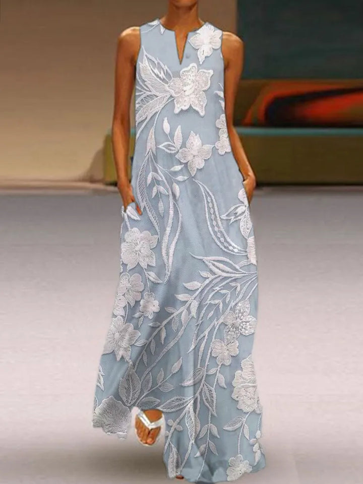 Vestido Maxi Fluido Elegante Con Bordados Florales