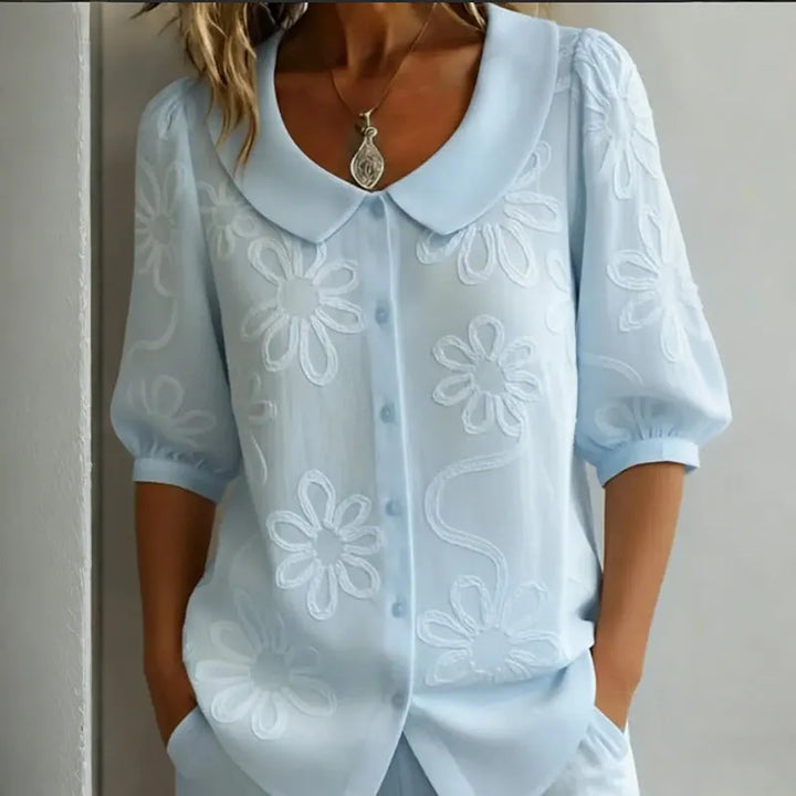 Camisa Vintage Holgada Con Bordado Floral - Manga Media