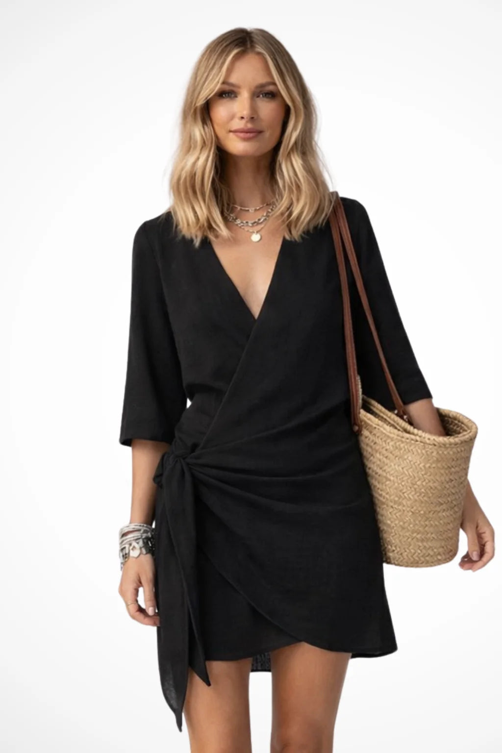 VESTIDO MINI ENVELOPE COM MANGAS CURTAS E NÓ