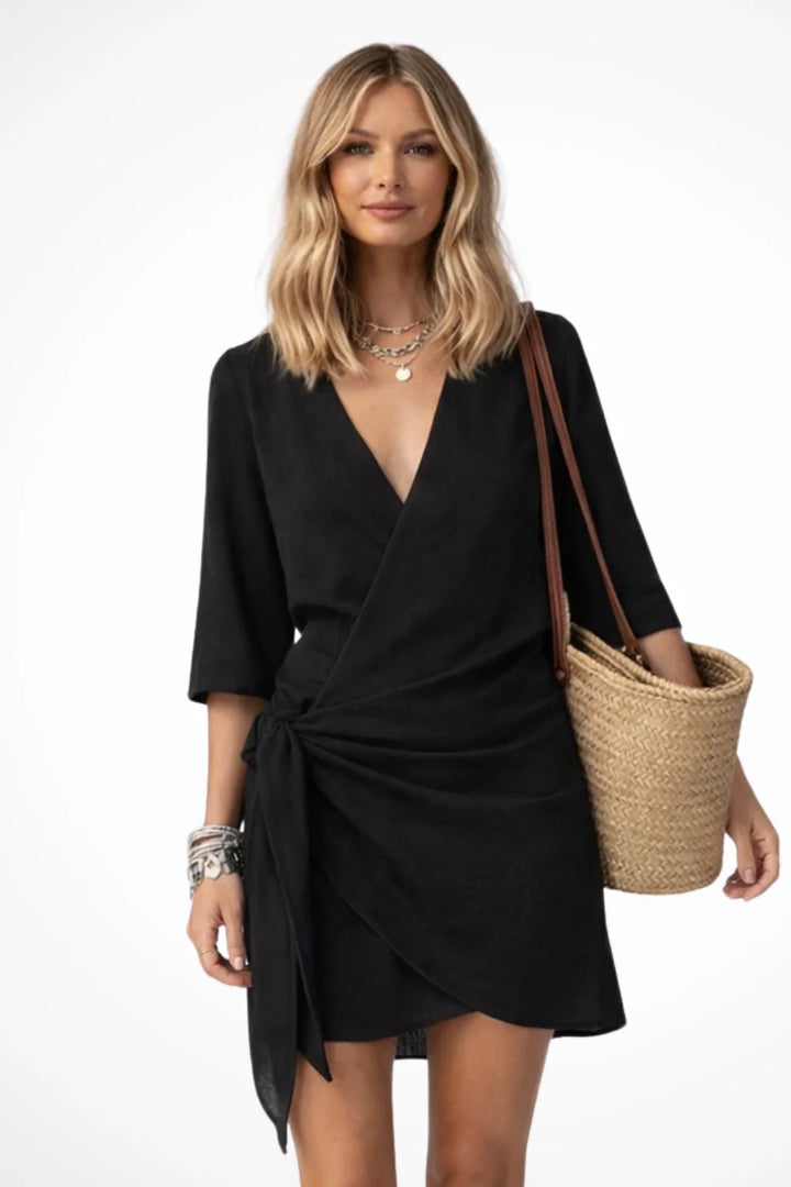 VESTIDO MINI ENVELOPE COM MANGAS CURTAS E NÓ