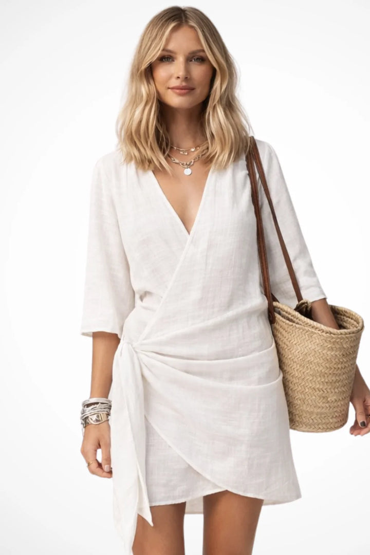 VESTIDO MINI ENVELOPE COM MANGAS CURTAS E NÓ
