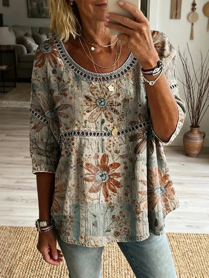 Top Boho Floral Vintage Lino