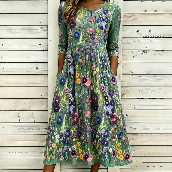 Vestido Maxi de Linho Com Bordado Floral Violeta Elegante