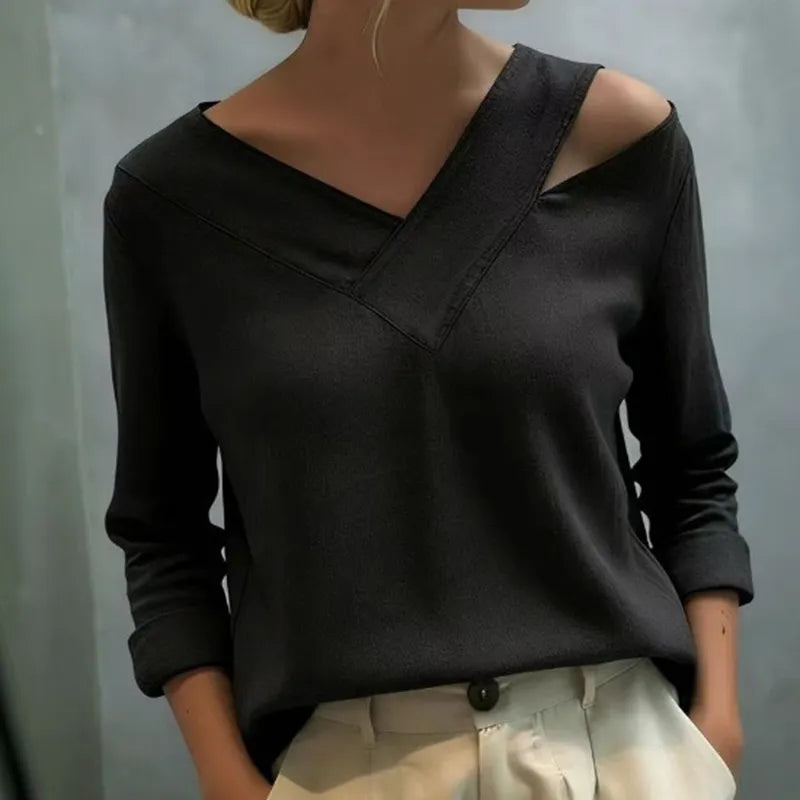 Top casual de algodón y lino con escote en v y diseño con abertura